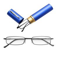 Leesbrillen metalen voorjaar voet draagbare Presbyopische bril met buis geval + 2.00 D (blauw) Leesbrillen metalen voorjaar voet draagbare Presbyopische bril met buis geval + 2.00 D (blauw)