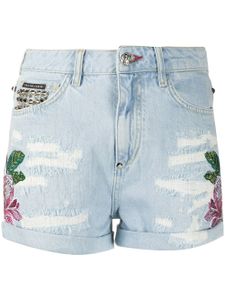 Philipp Plein short en jean à broderies - Bleu