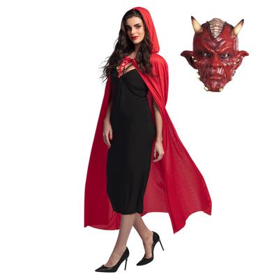 Carnaval verkleedkleding set Duivel - Latex masker - Cape met capuchon rood - volwassenen