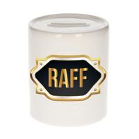 Spaarpot met voornaam Raff - wit - goud/zwart embleem - 8 x 9 cm - keramiek - afsluitdop