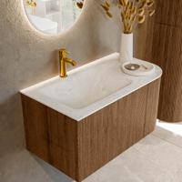 Mondiaz KURVE-DLUX 85 cm Onderkast Greeploos 1 Lade Met Deuren Walnut, Wastafel Solid Surface Links Opalo 1 Kraangat Zonder Spiegel (KRVCLO85R1L1D1KL-Wal/Opa)
