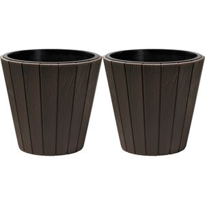 Plantenpot/bloempot Wood Style - 2x - buiten/binnen - kunststof - donkerbruin - D40 x H37 cm