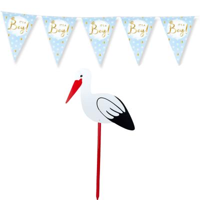 Geboorte versiering baby jongen - ooievaar geboorte bord - 100 cm - vlaggenlijn blauw - 10 meter