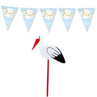 Geboorte versiering baby jongen - ooievaar geboorte bord - 100 cm - vlaggenlijn blauw - 10 meter