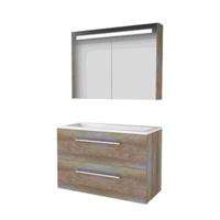 Basic-Line Premium 46 Badkamermeubelset - 100 x 46 cm - Met Grepen - 2 Lades - Acryl Wastafel - Zonder Kraangat - Spiegelkast met LED Verlichting - Scotch Oak