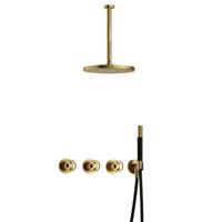 Hotbath Cobber - CW7067 - Inbouw Regendoucheset - Geborsteld Messing PVD - 2 Stopkranen - Thermostatisch - Plafondbuis 30 cm - Hoofddouche 300 mm - Ronde Handdouche - met M106 - Waterbesparend