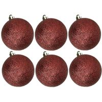 6x stuks kunststof glitter kerstballen donkerrood 8 cm - Kerstbal - thumbnail