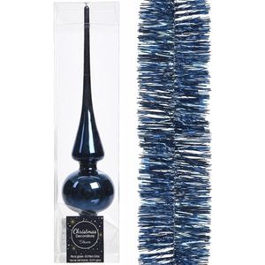 Kerstboom decoratie blauw piek en folieslinger 270 cm