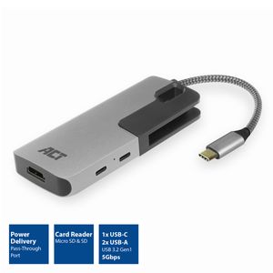 ACT USB-C naar HDMI female multiport adapter met PD Pass-Through 60W, 4K, USB-A , USB-C, kaartlezer