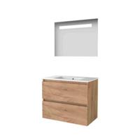 Basic-Line Economic 46 Badkamermeubelset - 80 x 46 cm - Greeploos - 2 Lades - Keramische Wastafel - 1 Kraangat - Spiegel met LED Verlichting - Whisky Oak