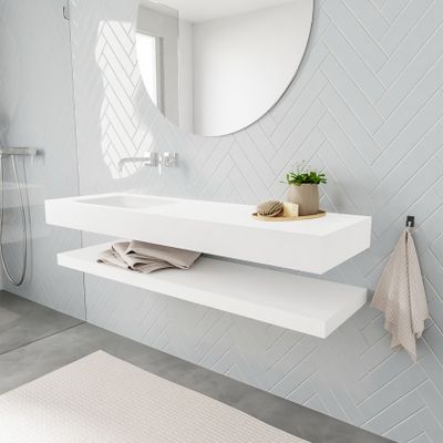 Mondiaz Alan badmeubel 150 cm solid suface planchet talc vrijhangend wastafel links zonder kraangat wit