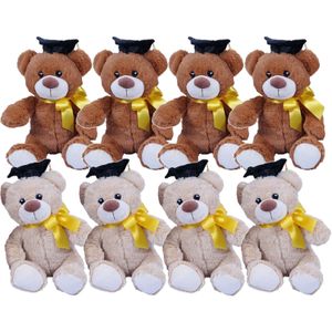 Pakket van 8x stuks geslaagd thema cadeau pluche knuffel beertjes beige en bruin 20 cm   -