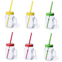 Set van 6x glazen drinkbekers dop/rietje 500 ml geel/groen/rood - thumbnail