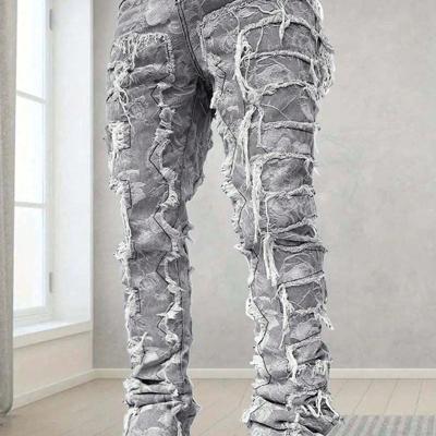 Men's Blue Frayed Denim Jeans - Slim Fit Straight Leg Streetwear Light Grey / 42