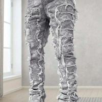 Men's Blue Frayed Denim Jeans - Slim Fit Straight Leg Streetwear Light Grey / 42