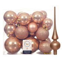 Set van 26x stuks kunststof kerstballen incl. glazen piek mat toffee bruin