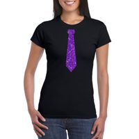 Zwart fun t-shirt stropdas met paarse glitters dames Zwart fun t-shirt stropdas met paarse glitters dames