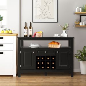 Moderne Eetkamer Buffetkast Keuken Dressoir met Kruisvormig Wijnrek Open Plank 2 Kasten & Lade 117 x 40,5 x 82,5 cm Zwart