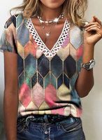 Casual Geometrisch Gedrukt Jersey T-shirt - thumbnail