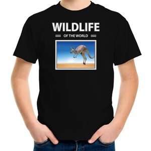 Kangaroe t-shirt met dieren foto wildlife of the world zwart voor kinderen