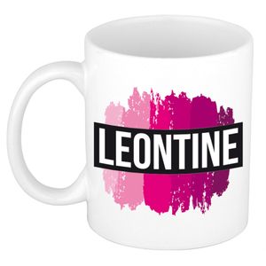 Naam cadeau mok / beker Leontine  met roze verfstrepen 300 ml   -