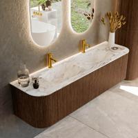 Badmeubel Mondiaz Kurve-Dlux | 170 cm | Meubelkleur Walnut | Wastafelkleur Glace | Solid surface | Dubbele spoelbak | 2 kraangaten