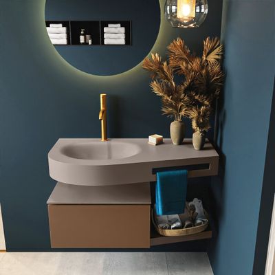 MONDIAZ RIVA 100cm badmeubel onderkast / planchet kleur Rust met 1 lade. Wastafel DULCET links 1 kraangat kleur Smoke.