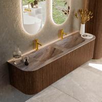Badmeubel Mondiaz Kurve-Dlux | 170 cm | Meubelkleur Walnut | Wastafelkleur Oza | Solid surface | Wasbak beide zijden spoelbak | 2 kraangaten