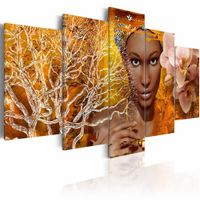 Schilderij - Verhalen uit Afrika, Oranje,  5luik , 2 maten , Wanddecoratie