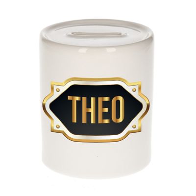 Naam cadeau spaarpot Theo met gouden embleem