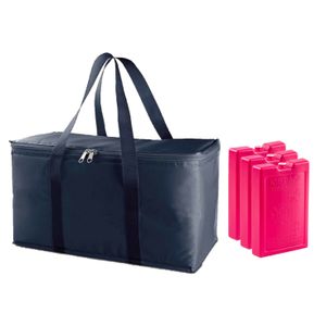 Grote koeltas blauw 39 x 22 x 19 cm met 3x stuks roze koelelementen