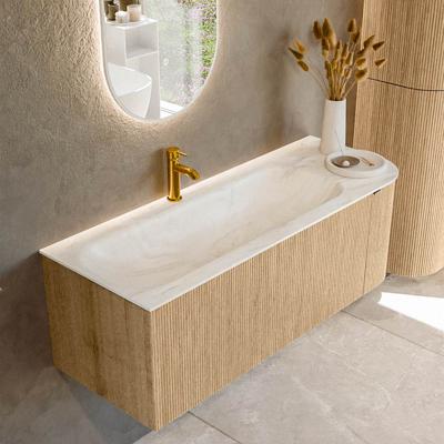 Badmeubel Mondiaz Kurve-Dlux | 125 cm | Meubelkleur Oak | Wastafelkleur Ostra | Solid surface | Links spoelbak | 1 kraangat