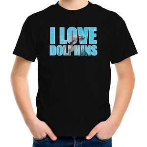 Tekst t-shirt I love dolphins met dieren foto van een dolfijn zwart voor kinderen