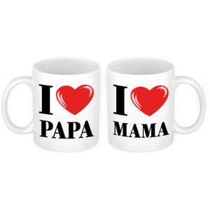 I love Mama en Papa mok - Cadeau beker set voor Papa en Mama