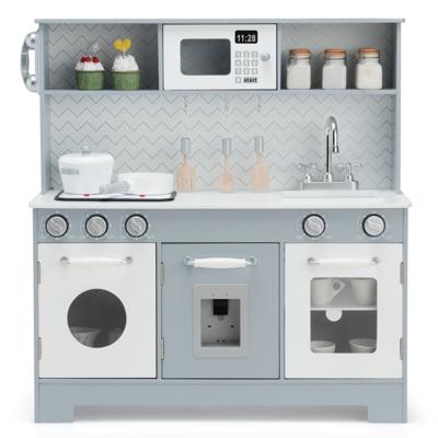 Kinderkeuken met Realistisch Licht en Geluid Houten Speelkeuken met Magnetron Incl. Speeltoebehoren Grijs 76 x 28 x 80 cm
