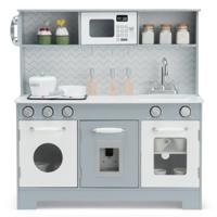 Kinderkeuken met Realistisch Licht en Geluid Houten Speelkeuken met Magnetron Incl. Speeltoebehoren Grijs 76 x 28 x 80 cm