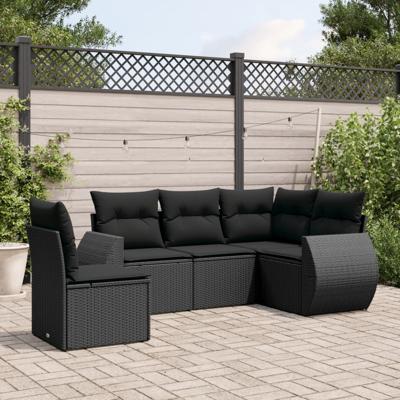 5-delige Loungeset met kussens poly rattan zwart
