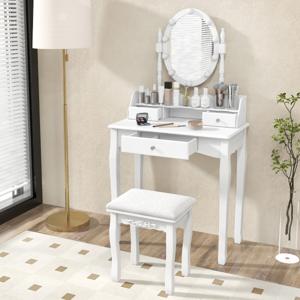 Make-Uptafel met Ledverlichting Instelbare Helderheid Kaptafel met 3 Laden Kruk en 360° Draaibare Spiegel Make-Uptafel voor Slaapkamer (Wit)