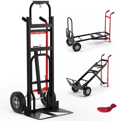 3-In-1 Opvouwbare Metalen Trolley met 4 Rubberen Wielen Stevige Transport Trolley 450 kg Capaciteit Converteerbare Trolley voor Magazijn Thuis Rood