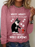 Women's Funny Cat Wait What I Have An Attitude No Really Who Knew Simple Long Sleeve Top - thumbnail