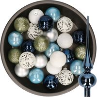 37x stuks kunststof kerstballen 6 cm incl. glazen piek blauw-wit-zilver-groen - thumbnail