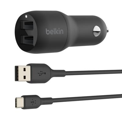 BelkinDual USB-A Car Charger + USB-A naar USB-C kabel - 24W Oplader Zwart