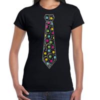 Verkleed T-shirt dames - zwart - lang speelplaten stropdas - foute party/themafeest