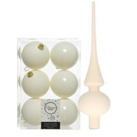 Set van 12x stuks kunststof kerstballen 8 cm en glazen piek wol wit - thumbnail