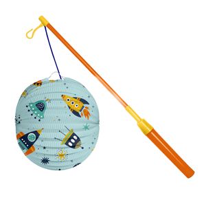 Bol lampion Space - licht blauw - 22 cm - papier - met lampionstokje - 40 cm