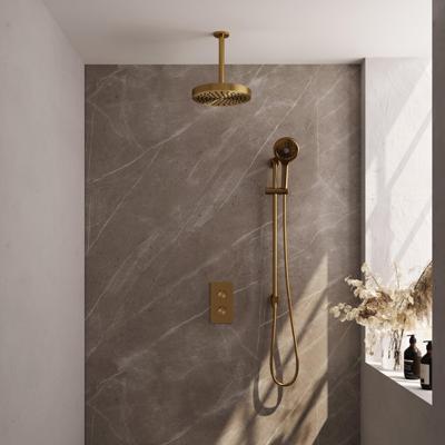 BRAUER Stripe Thermostatische Inbouw Regendouche - 3-weg - rechthoekig - 25cm douchekop - plafondarm - 3-standen handdouche - doucheslang - geïntegreerde glijstang - goud geborsteld PVD 5-GG-411