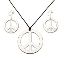 Hippie Flower Power Sixties sieraden set ketting met oorbellen peace tekens - thumbnail