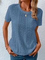Loose Casual Crew Neck Solid Eyelet Embroidery Round Neck Tee - thumbnail