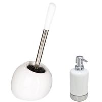 WC-/toiletborstel en houder - wit - met zeeppompje 300 ml - Badkameraccessoireset - thumbnail
