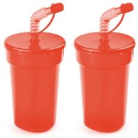 Set van 4x stuks afsluitbare plastic drinkbeker rood 400 ml met rietje voor kinderen